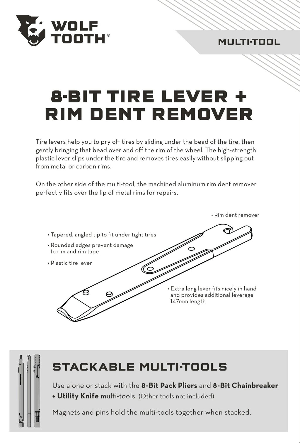 Wolf Tooth 8-Bit Tire Lever + Rim Dent Remover, product sheet with tool diagram