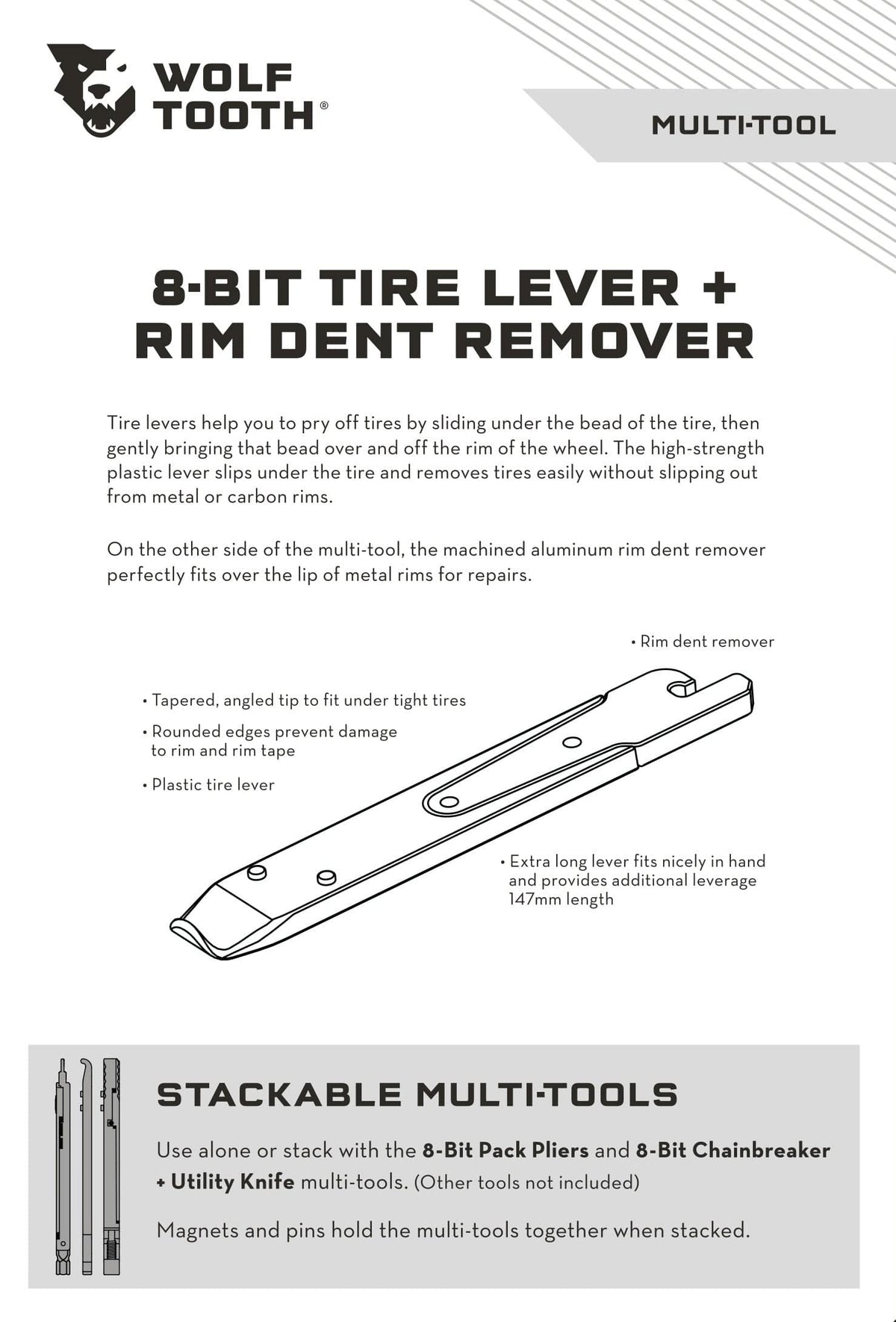 Wolf Tooth 8-Bit Tire Lever + Rim Dent Remover, product sheet with tool diagram
