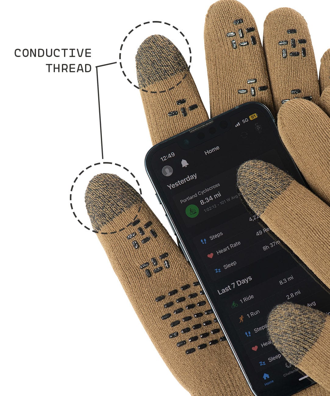 Cross Point Waterproof Knit Gloves: Pro Wool, close-up of the conductive fingertips on a phone screen