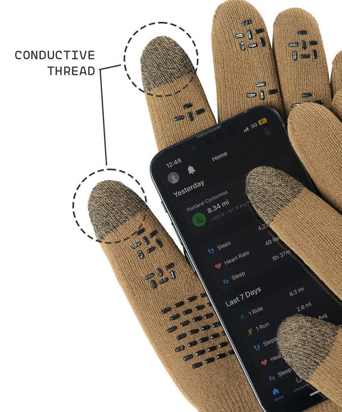 Cross Point Waterproof Knit Gloves: Pro Wool, close-up of the conductive fingertips on a phone screen