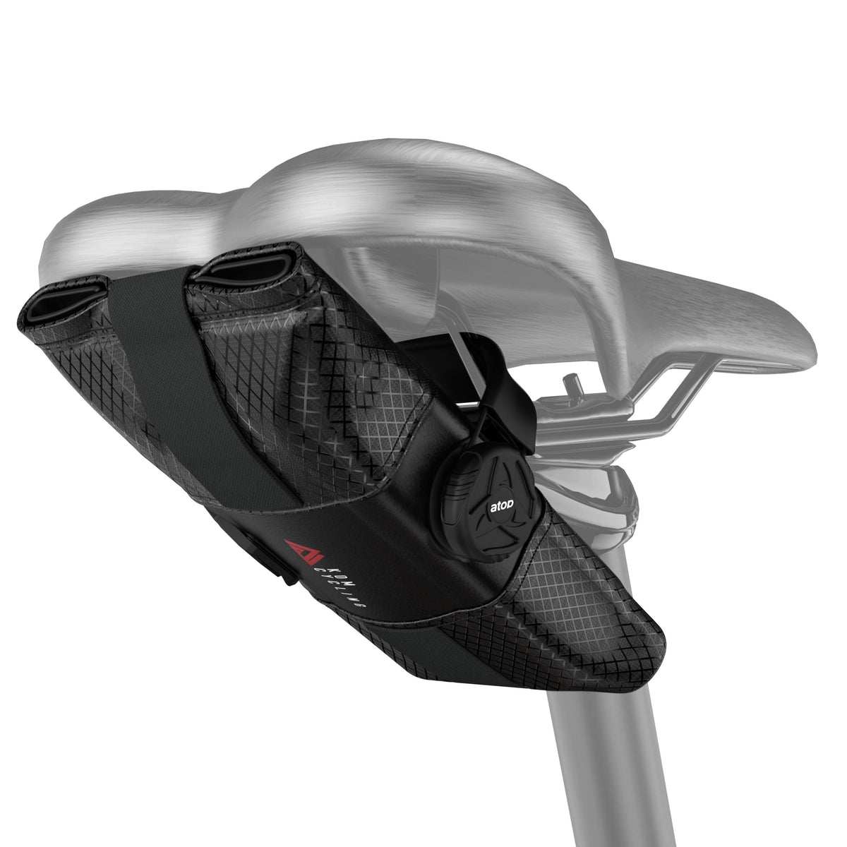KOM saddle roll in black, strapped under a silver saddle on a seatpost