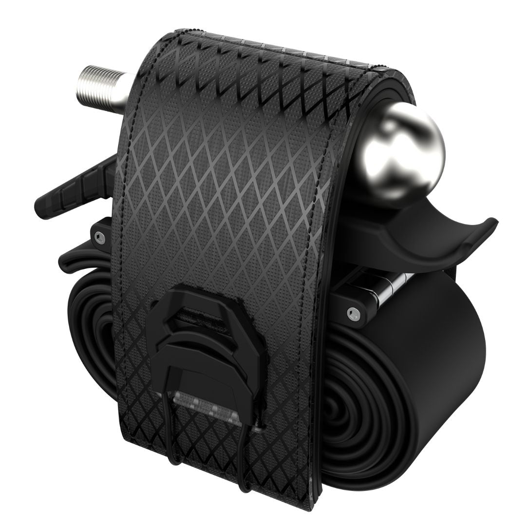 KOM Tube Strap with ATOP Dial, strap holding an inner tube and CO2 cartridge