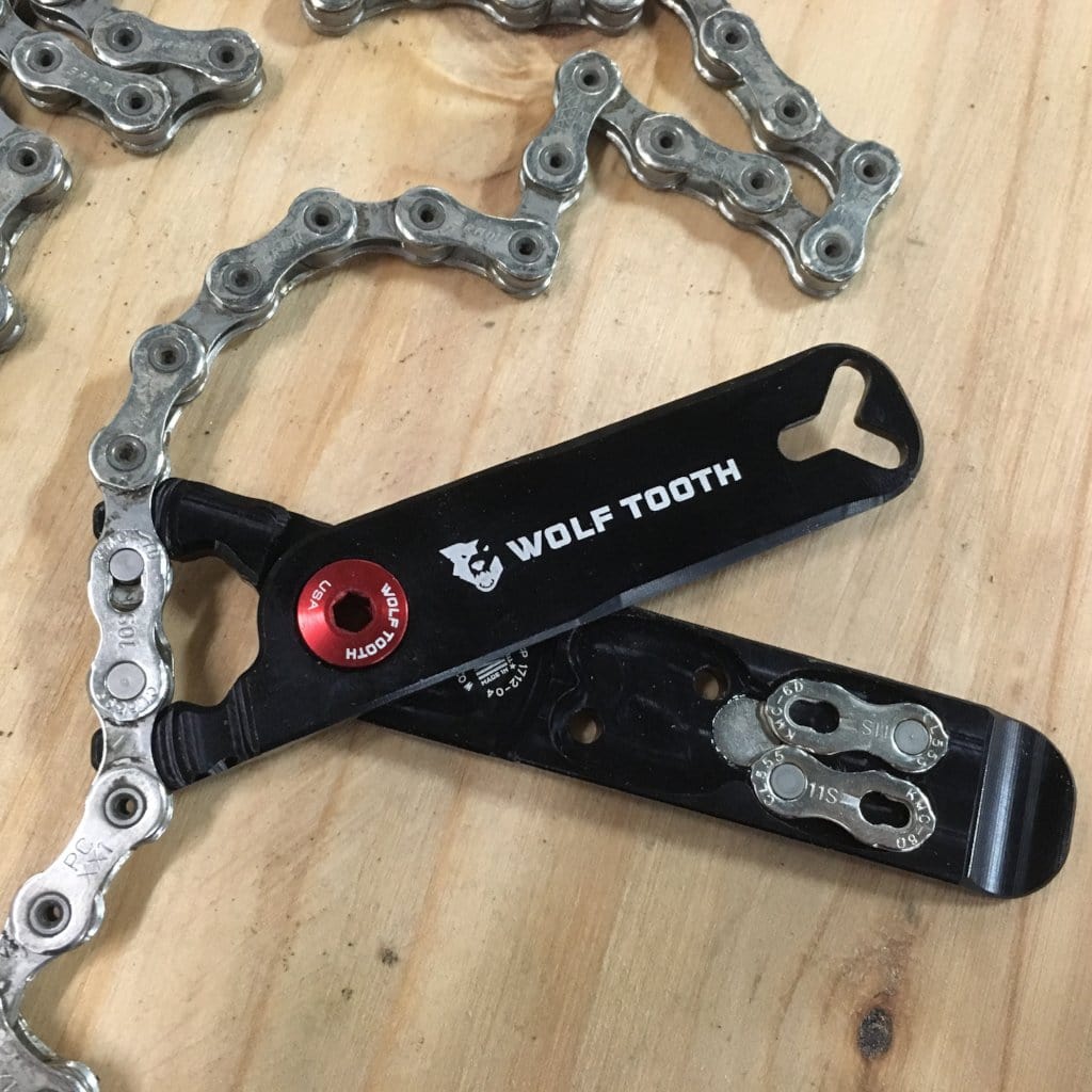 Wolf Tooth Pack Pliers, on a chain with master links stored in the handle