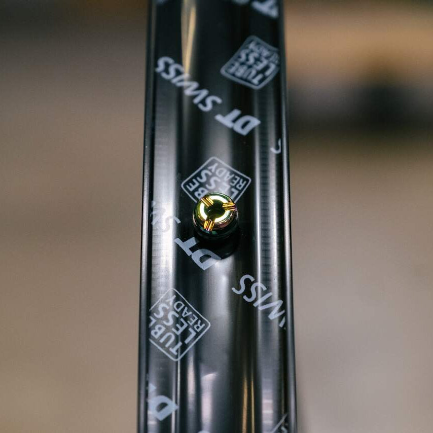 Wolf Tooth Tubeless Presta Valve Stem Kit, installed on a carbon rim, top view