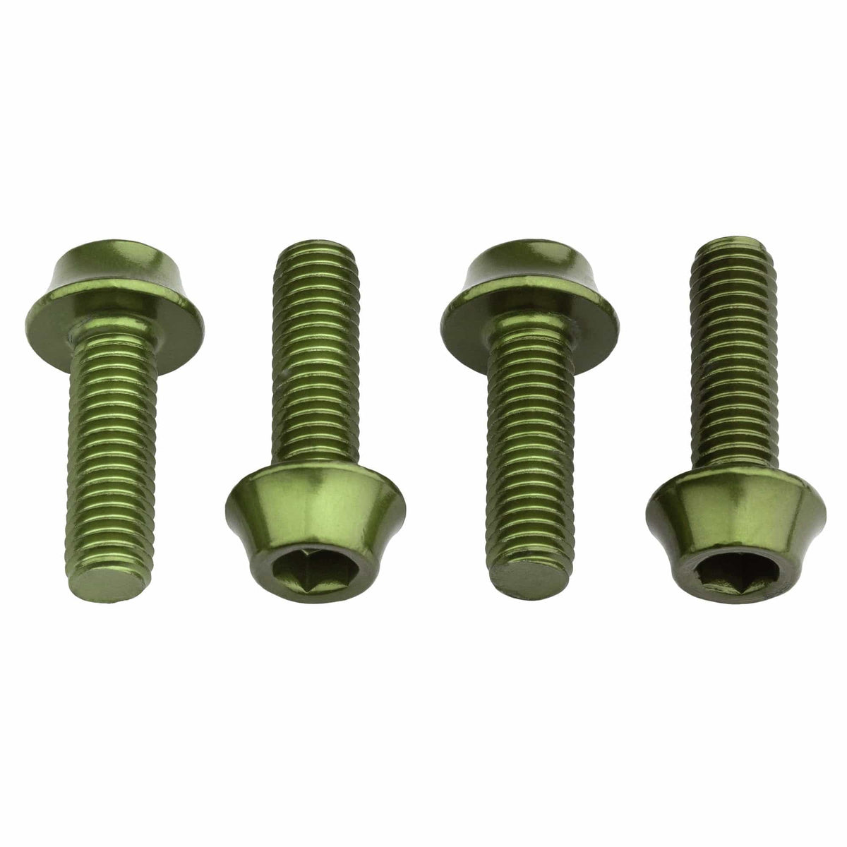 Four Wolf Tooth water bottle cage bolts in olive green anodised aluminium