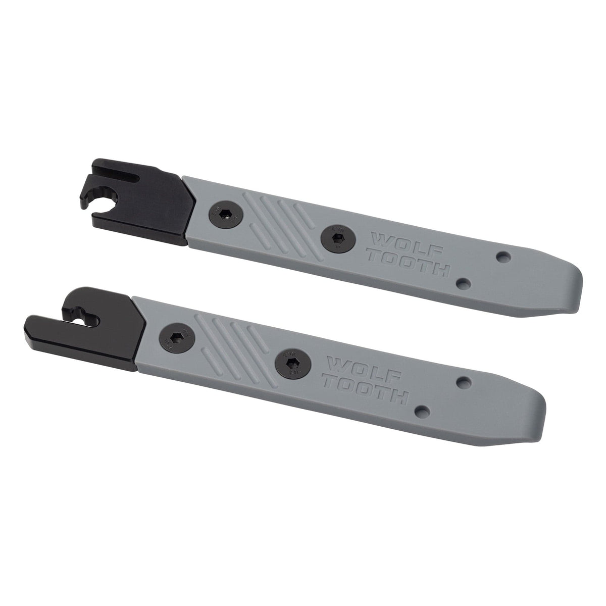 Pair of Wolf Tooth 8-Bit tire levers in grey, one with an integrated multi-tool