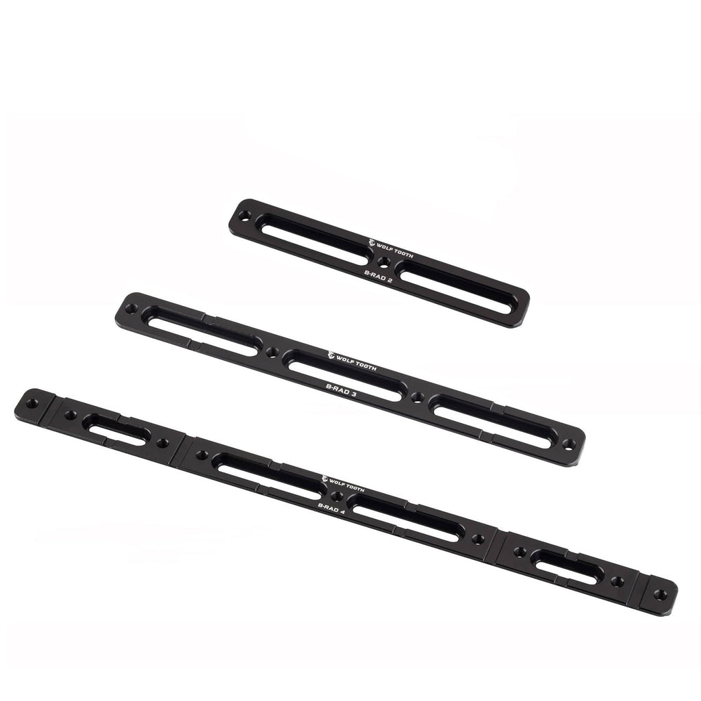 Three Wolf Tooth B-RAD mounting bases in black, shown at three different lengths