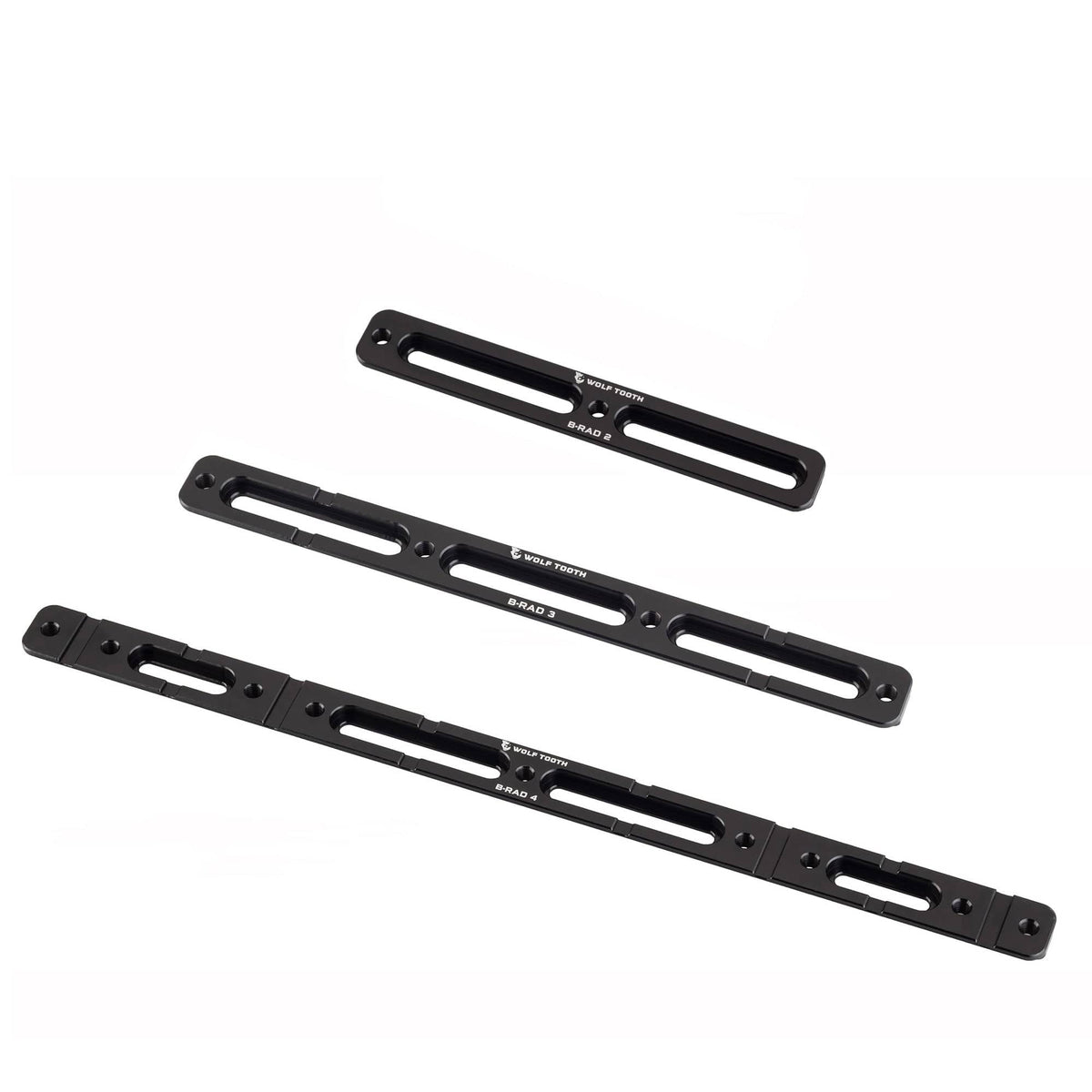 Three Wolf Tooth B-RAD mounting bases in black, shown at three different lengths