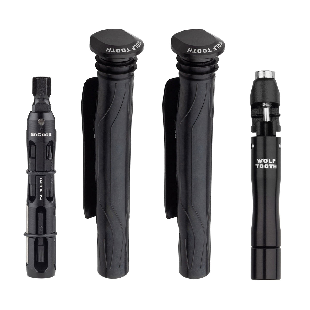 Wolf Tooth EnCase System Bar Kit One, black handlebar-end storage tubes with multi-tool components