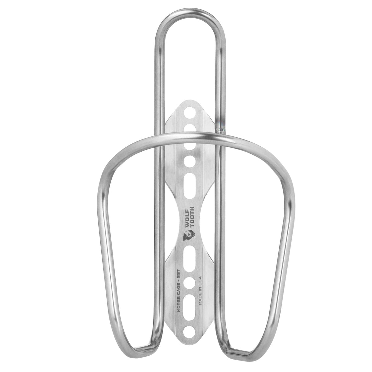 Wolf Tooth Morse water bottle cage in polished stainless steel