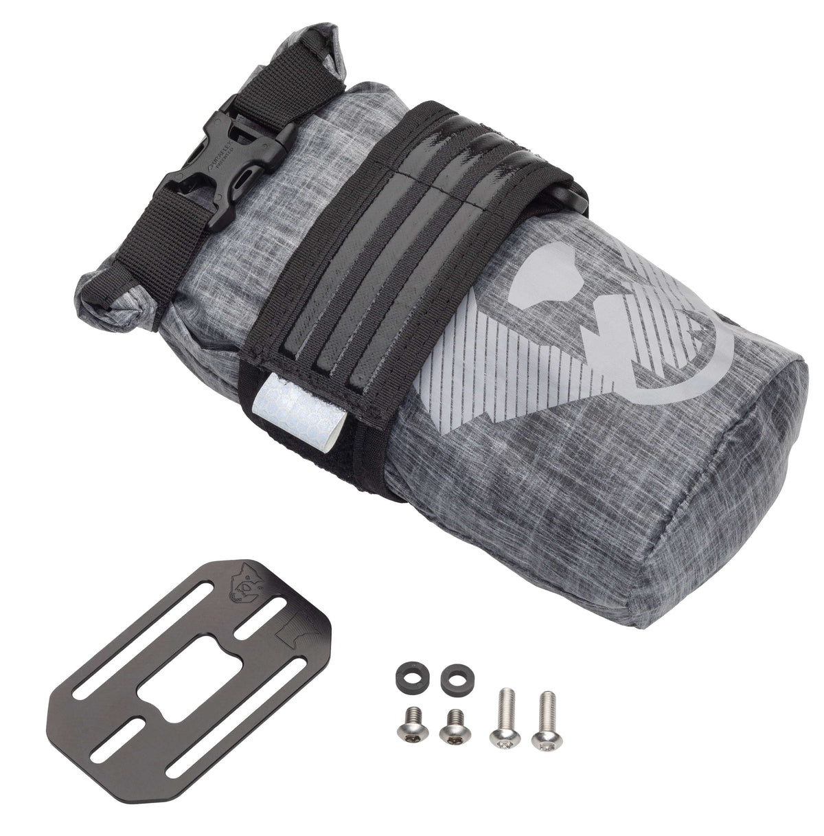 Wolf Tooth B-RAD TekLite 1 litre roll-top bag in grey camo with its mounting plate and bolts