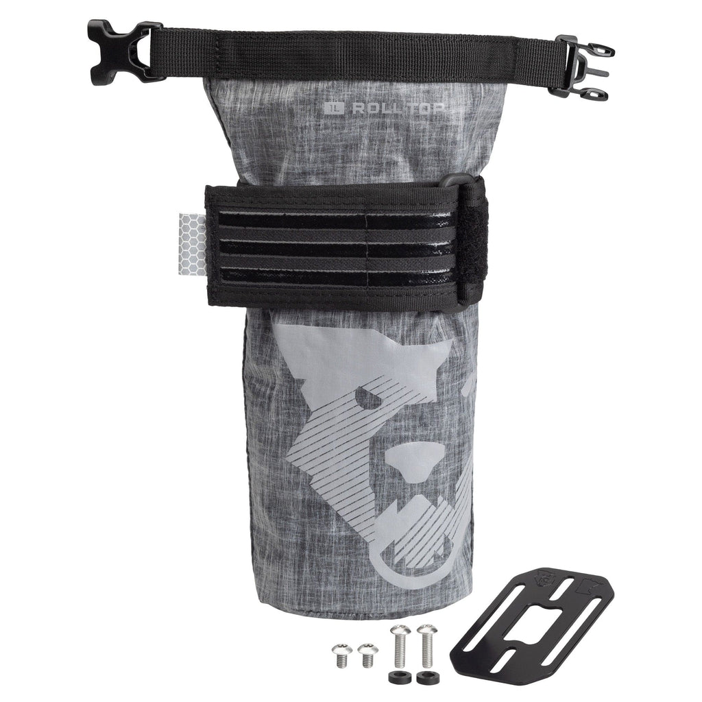 Wolf Tooth B-RAD TekLite Roll-Top Bag 1L, gray bag strapped to its mounting plate with hardware