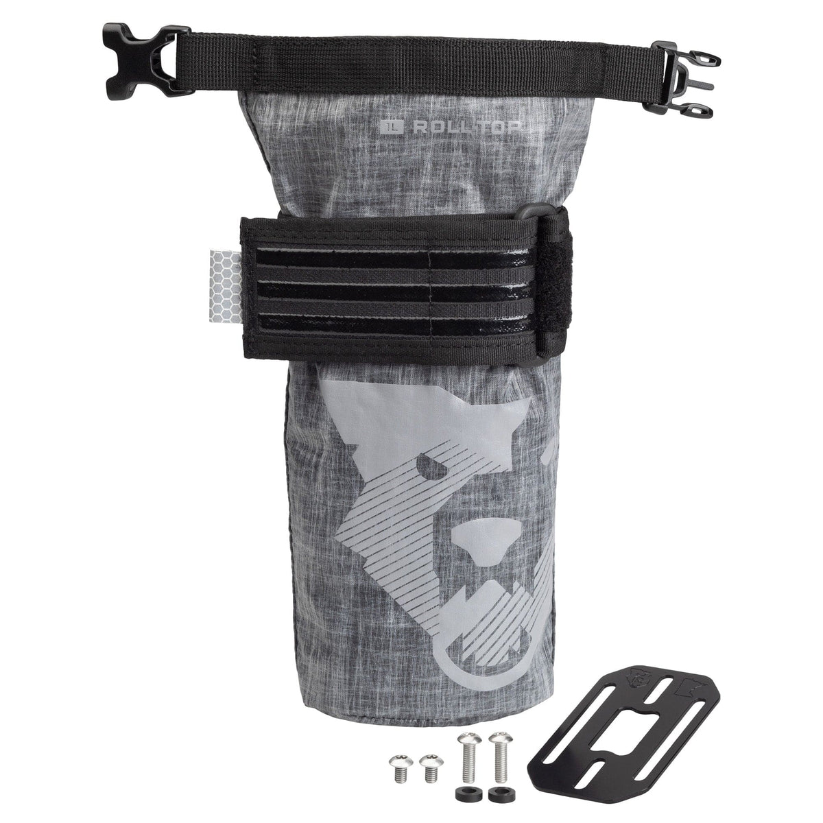 Wolf Tooth B-RAD TekLite Roll-Top Bag 1L, gray bag strapped to its mounting plate with hardware