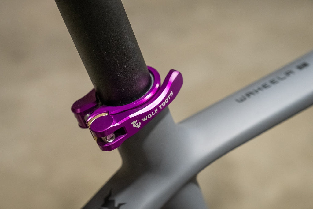 Wolf Tooth Seatpost Clamp, Quick Release, purple, installed on a frame