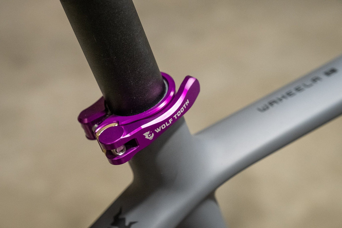 Wolf Tooth Seatpost Clamp, Quick Release, purple, installed on a frame