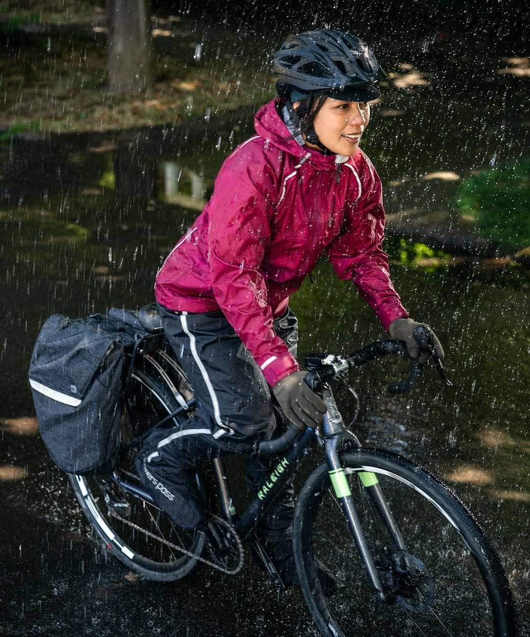 Women's Syncline CC Jacket, red, worn riding in the rain