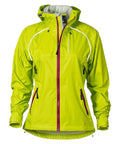 Women's Showers Pass Syncline CC jacket in hi-vis Leaf Green, hood up, magenta zips, white reflective piping across the chest and down the sleeves.
