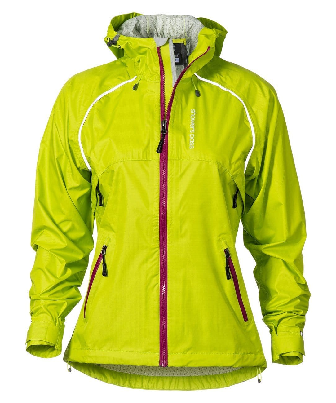 Women's Showers Pass Syncline CC jacket in hi-vis Leaf Green, hood up, magenta zips, white reflective piping across the chest and down the sleeves.