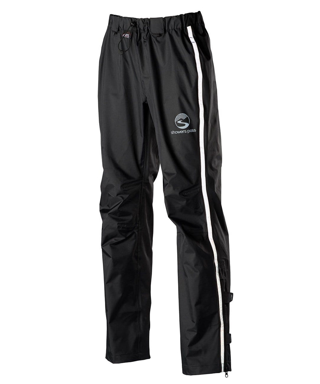 Women's black Showers Pass Transit rain pant, front view, reflective trim down the full-length leg zip and the Showers Pass logo on the thigh.