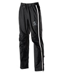 Women's black Showers Pass Transit rain pant, front view, reflective trim down the full-length leg zip and the Showers Pass logo on the thigh.