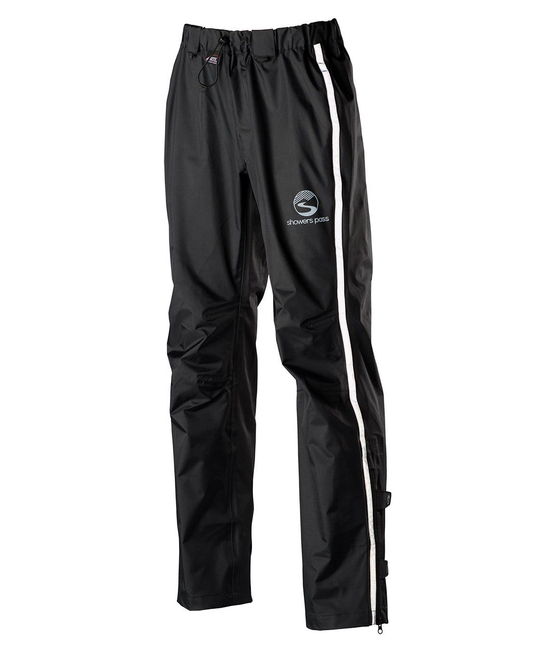 Women's black Showers Pass Transit rain pant, front view, reflective trim down the full-length leg zip and the Showers Pass logo on the thigh.