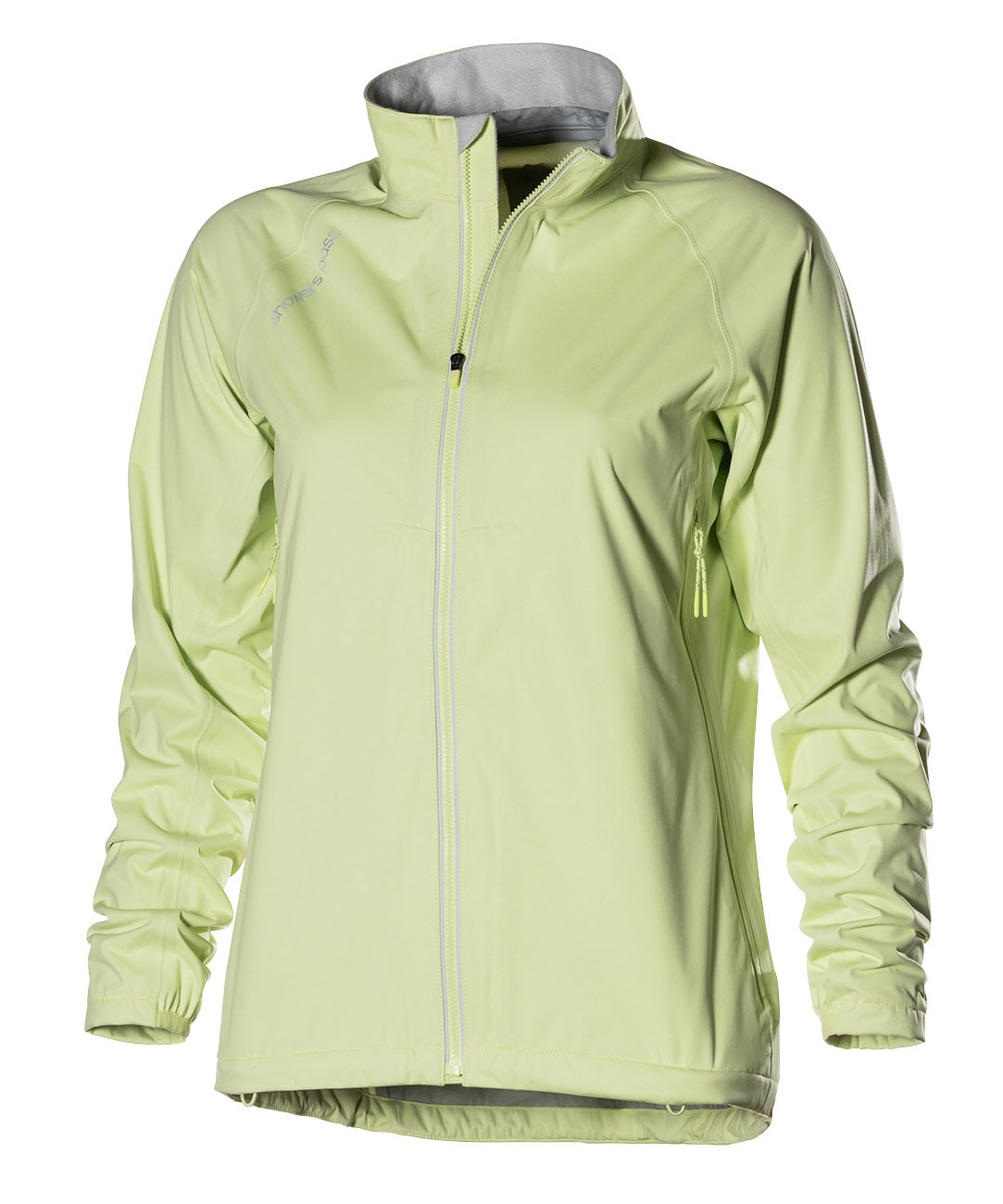 Women's Showers Pass Cloudburst jacket in Pear green, three-quarter view, full centre zip, stand collar, side vent zip and reflective shoulder trim.