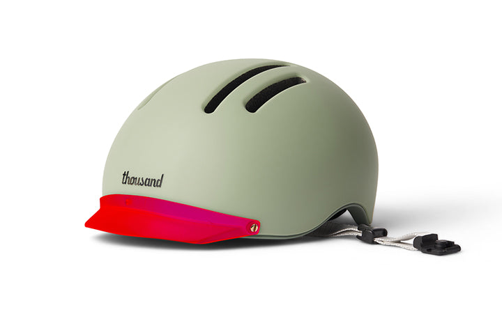 Chapter Helmet Visor, red visor on a sage green helmet