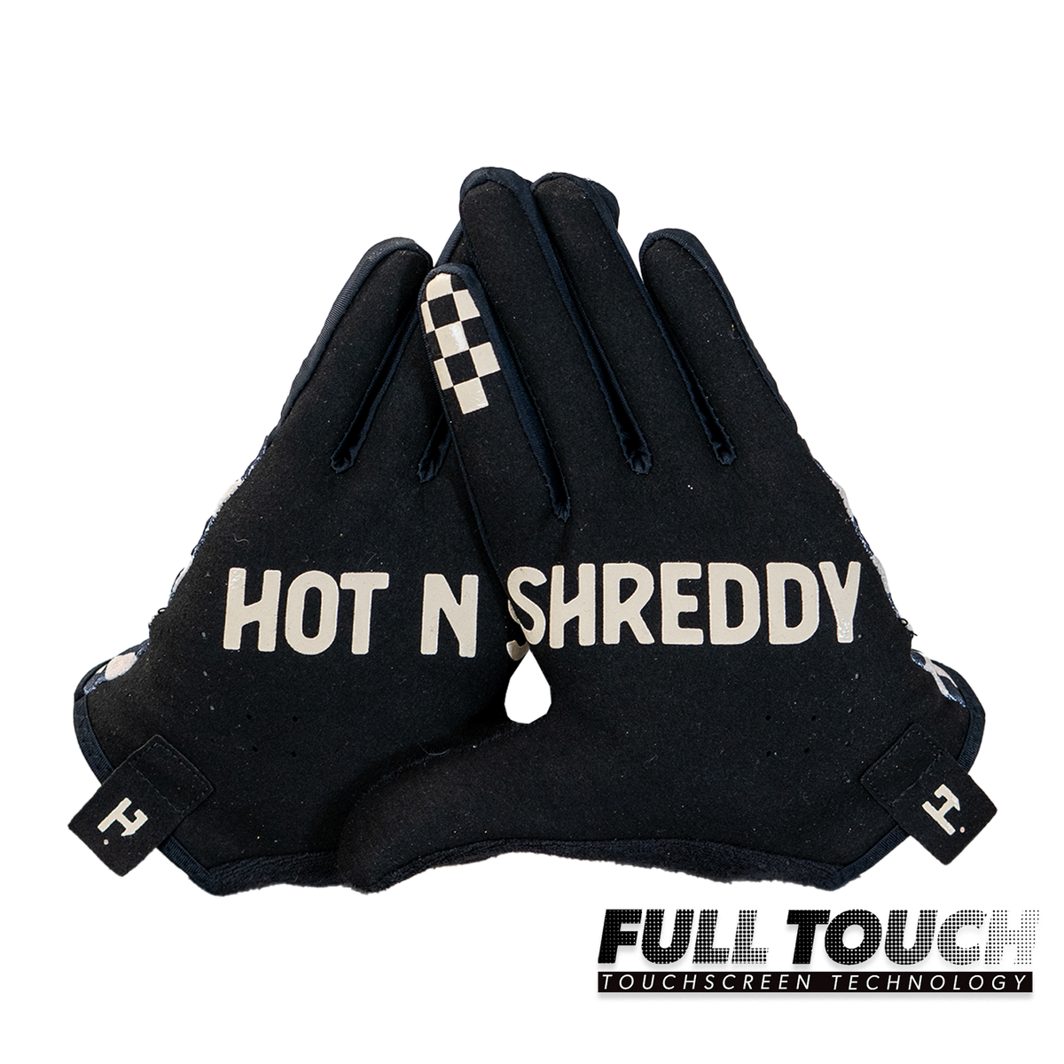 Handup Gloves, Checkered Black/Tan, pair shown together, palm side with "Hot N Shreddy" print