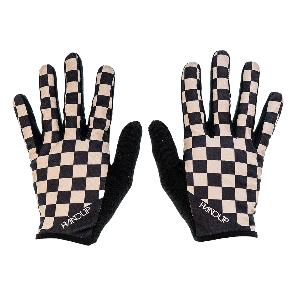 Handup Gloves, Checkered Black/Tan, pair laid flat, back of hand with checkered print