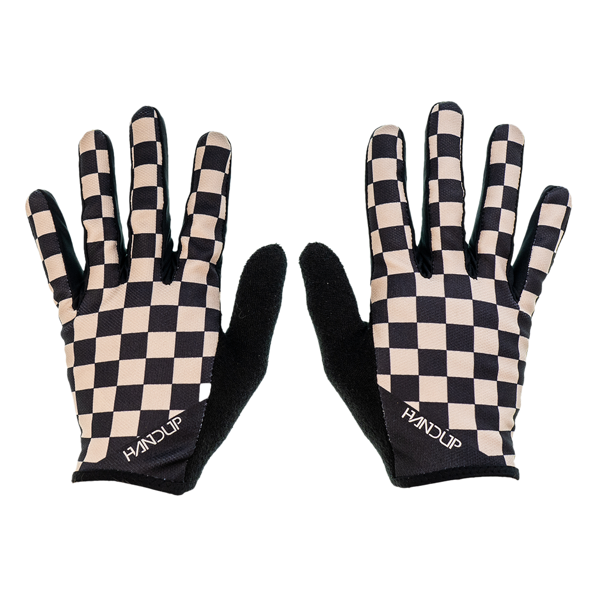 Handup Gloves, Checkered Black/Tan, pair laid flat, back of hand with checkered print