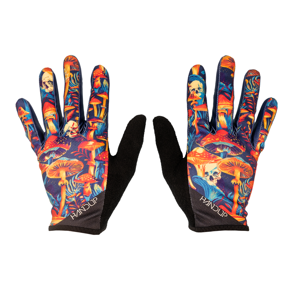 Handup Gloves, Dead Trippin', pair laid flat, back of hand with mushroom and skull print