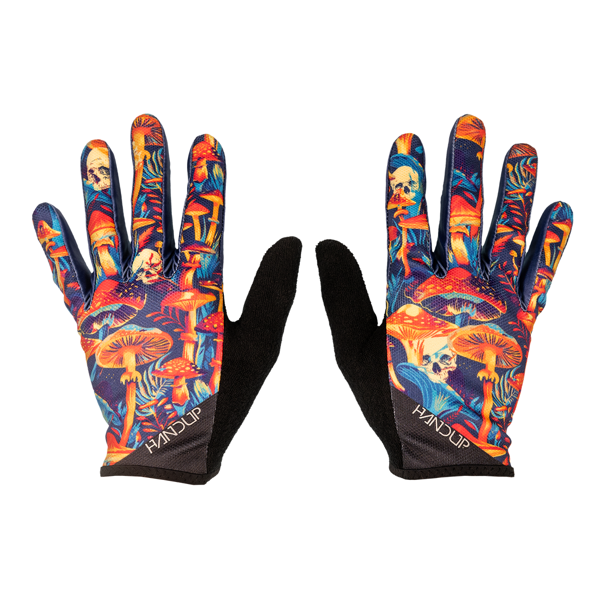Handup Gloves, Dead Trippin', pair laid flat, back of hand with mushroom and skull print