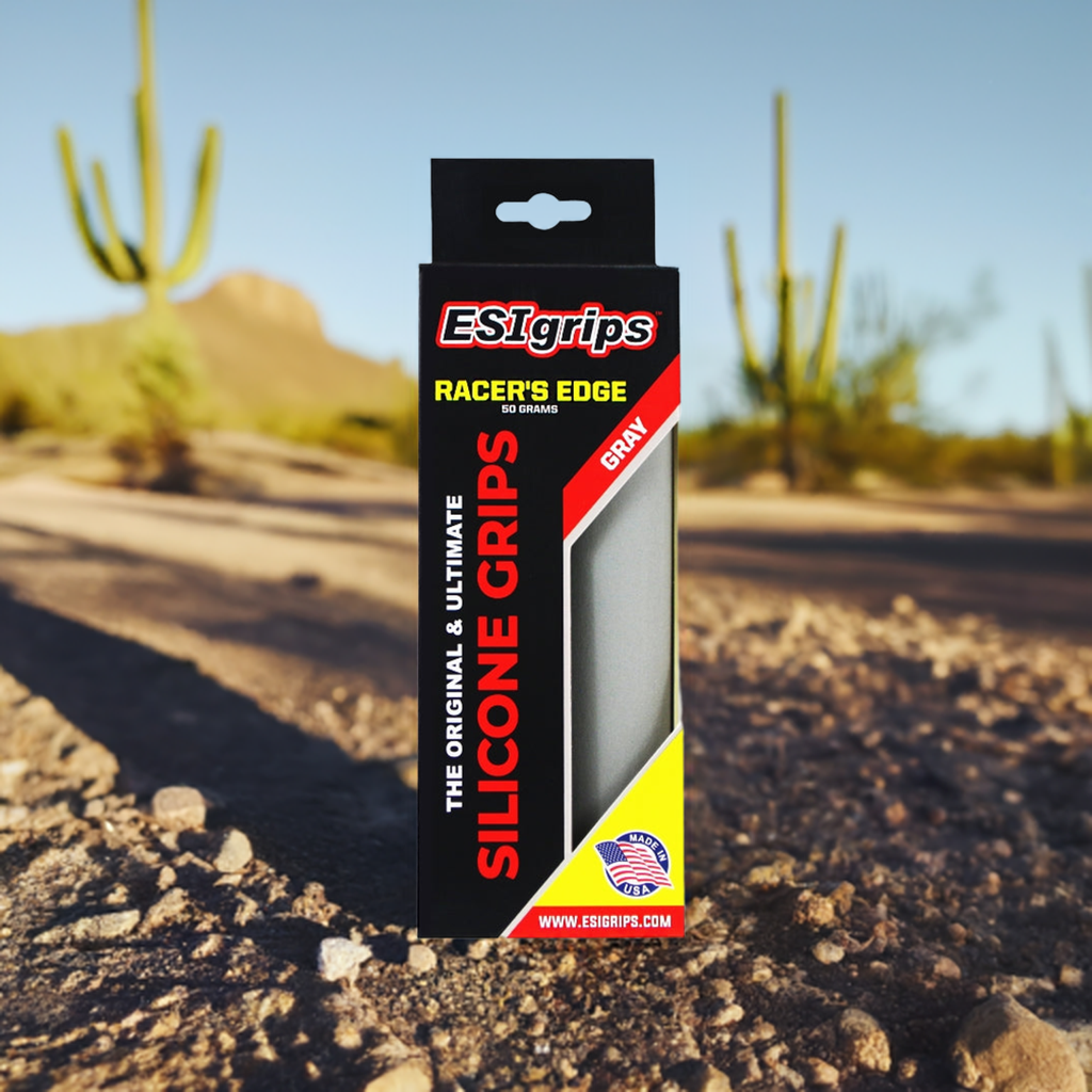 ESI Racer's Edge Grips, in retail package on a desert trail