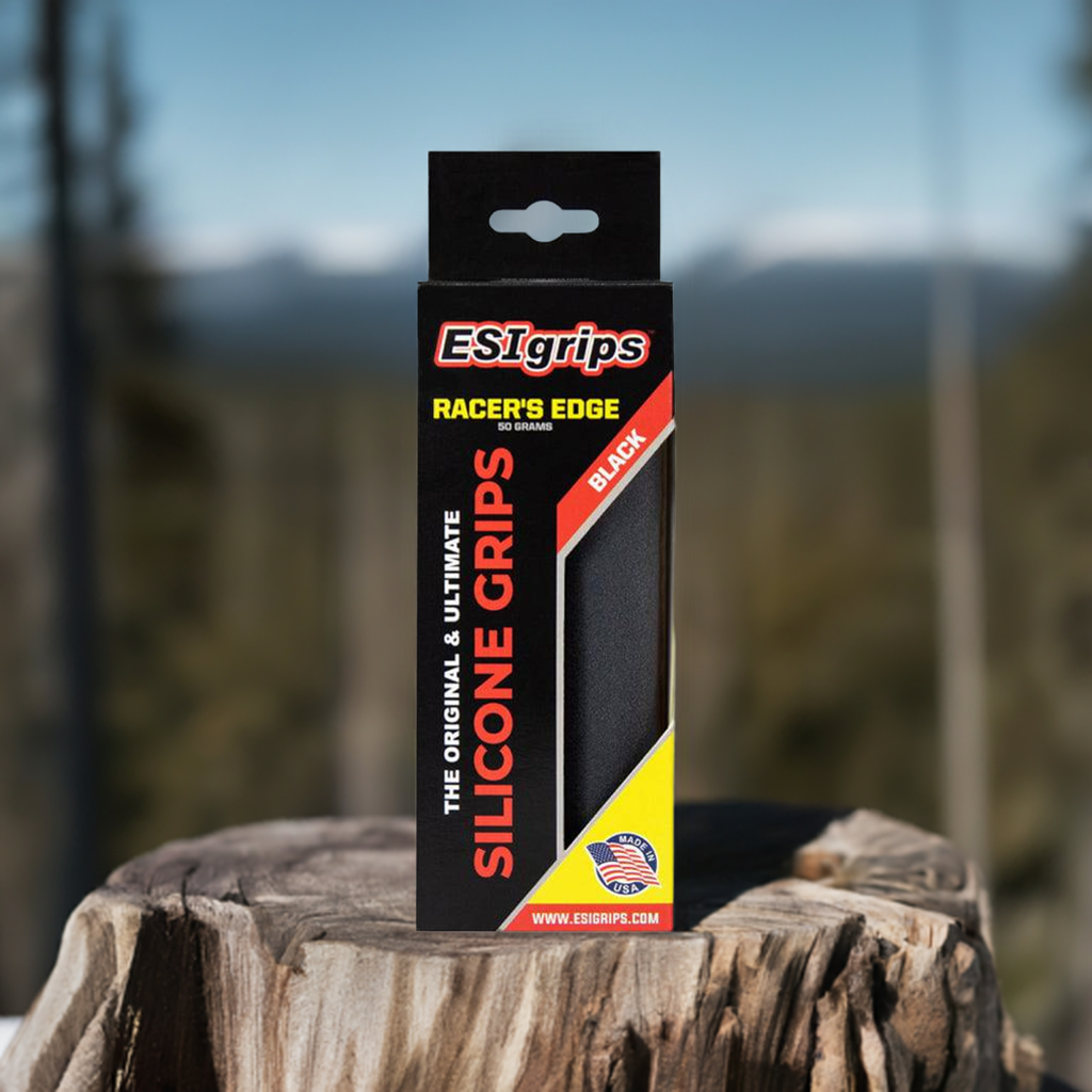 ESI Racer's Edge Grips, in retail package on a tree stump