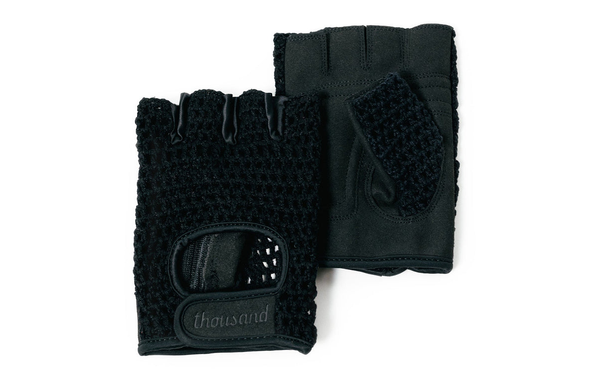 Thousand fingerless bike gloves, black crochet mesh back with leather palm