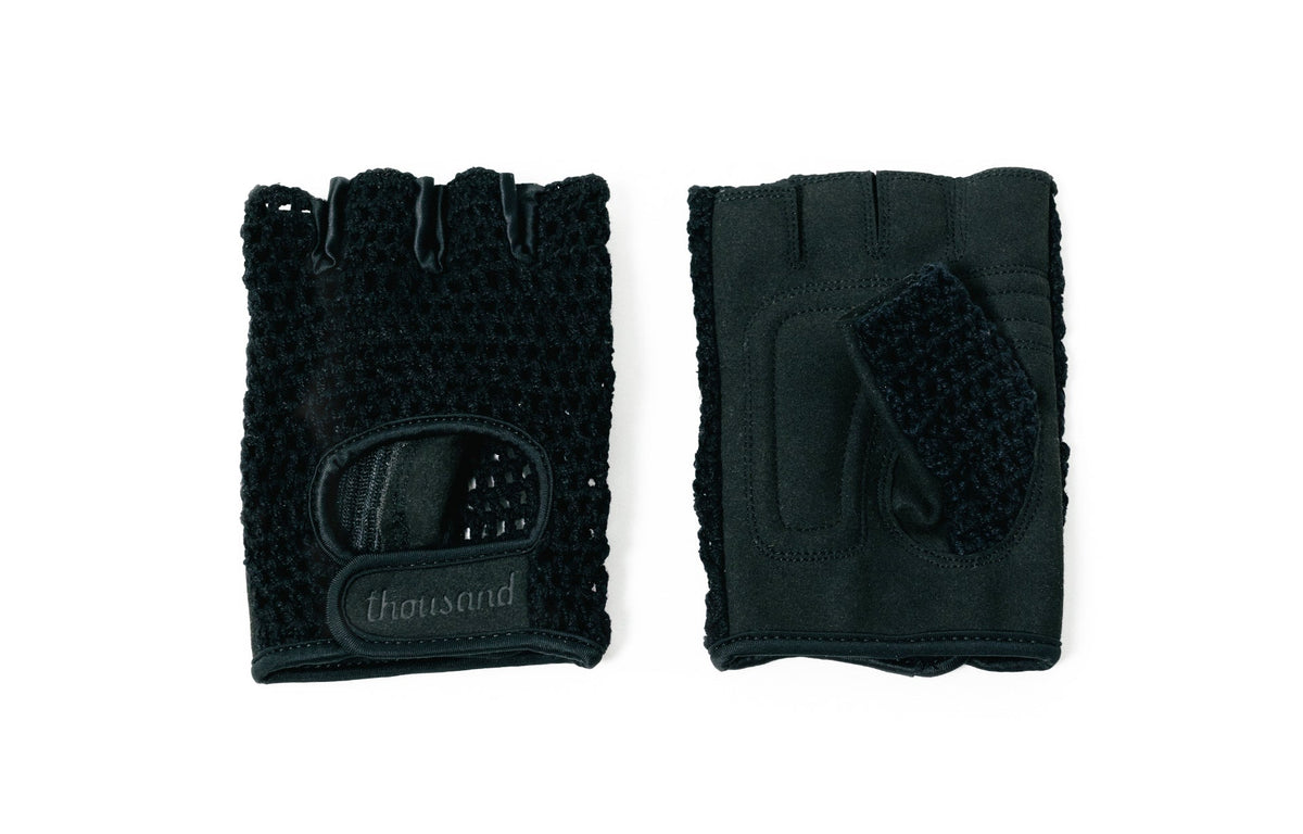 Leather Bike Gloves, black pair, crochet back and leather palm