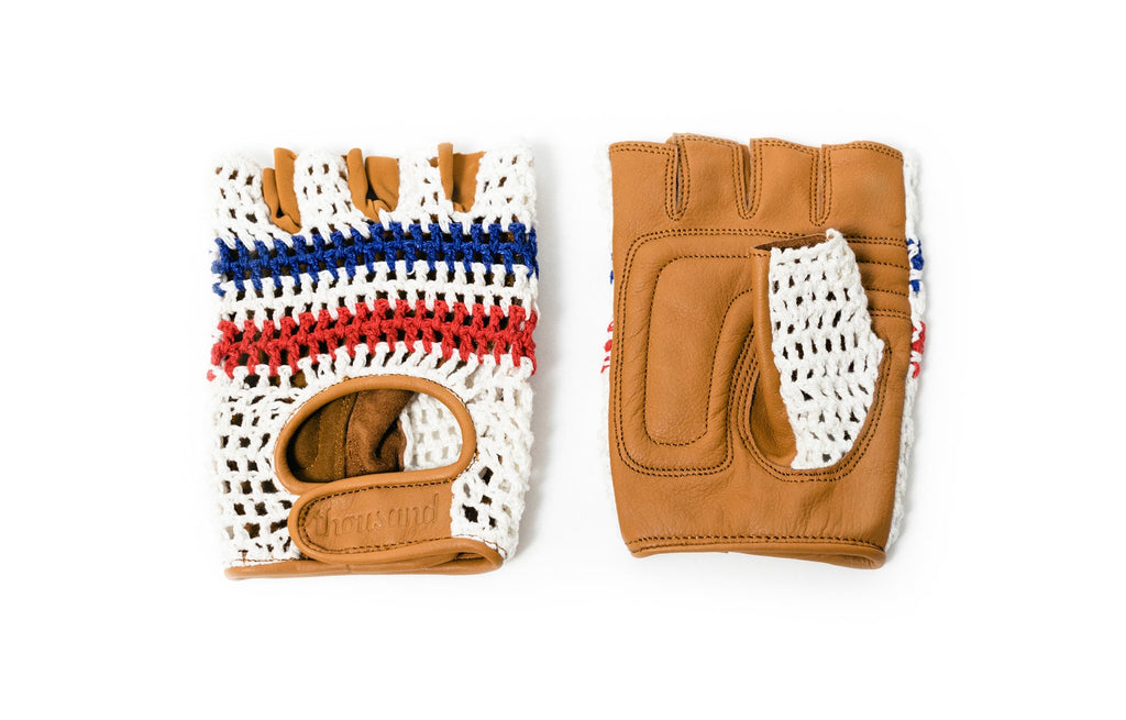 Leather Bike Gloves, tan leather with red, white and blue crochet back, pair