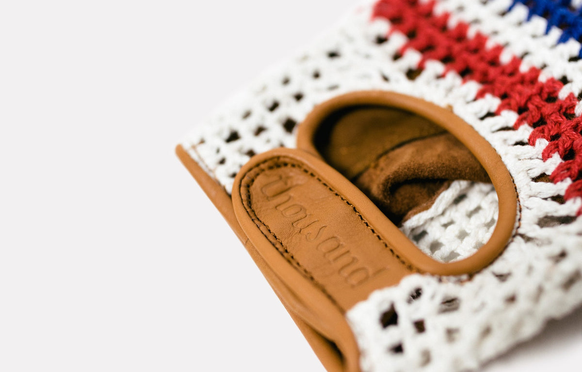 Leather Bike Gloves, close-up of the crochet back with red, white and blue stripes