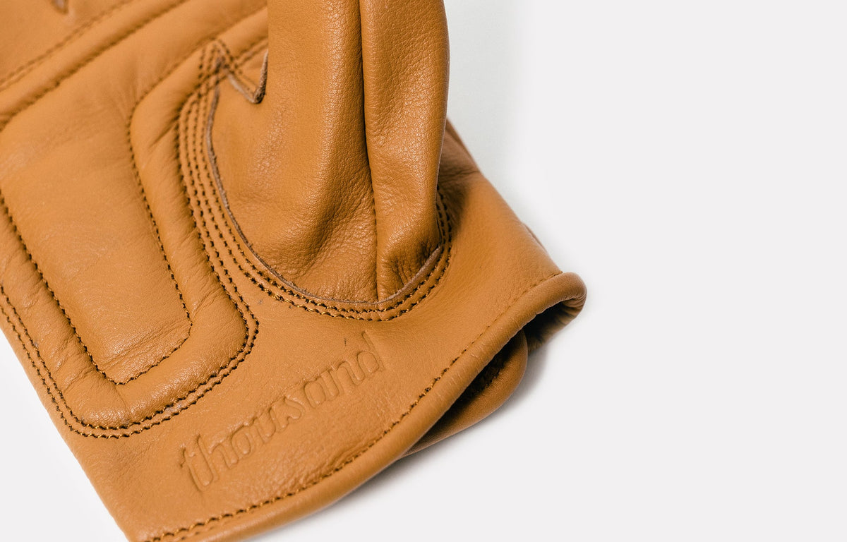 Leather Bike Gloves, close-up of the tan leather palm padding