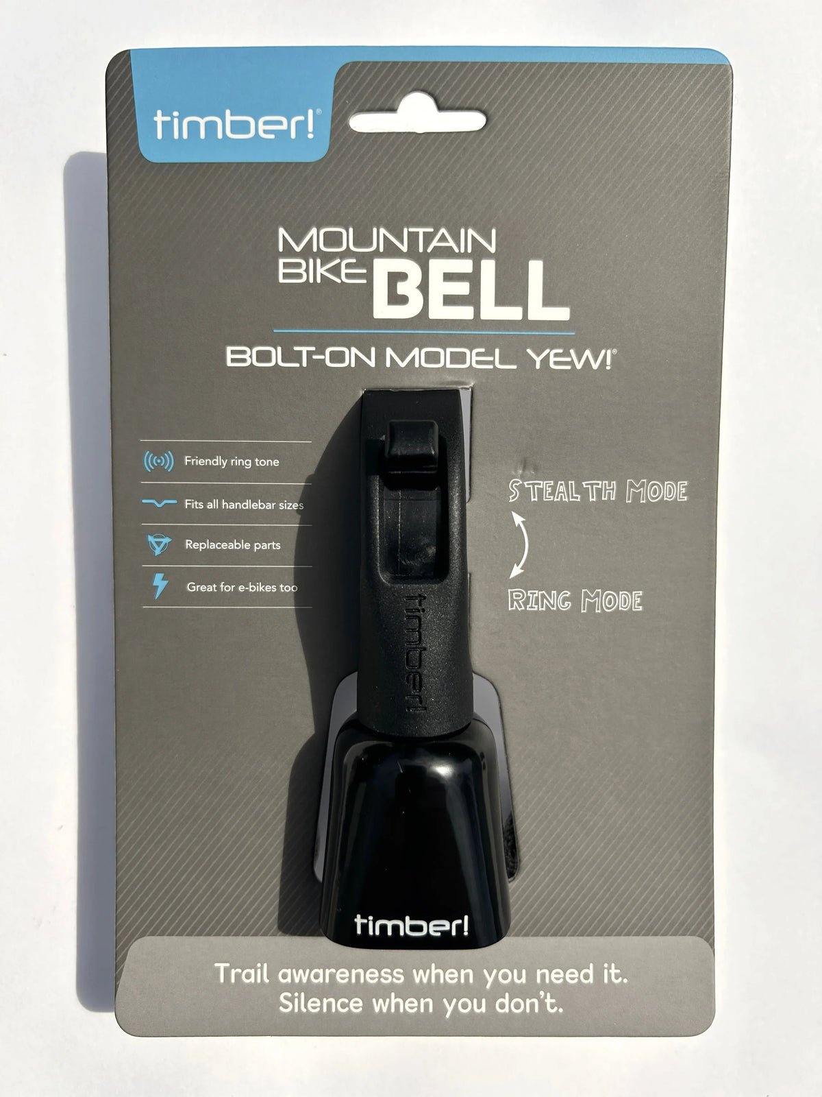 Timber Model Yew! Bolt-on Trail Bell, in retail packaging, front