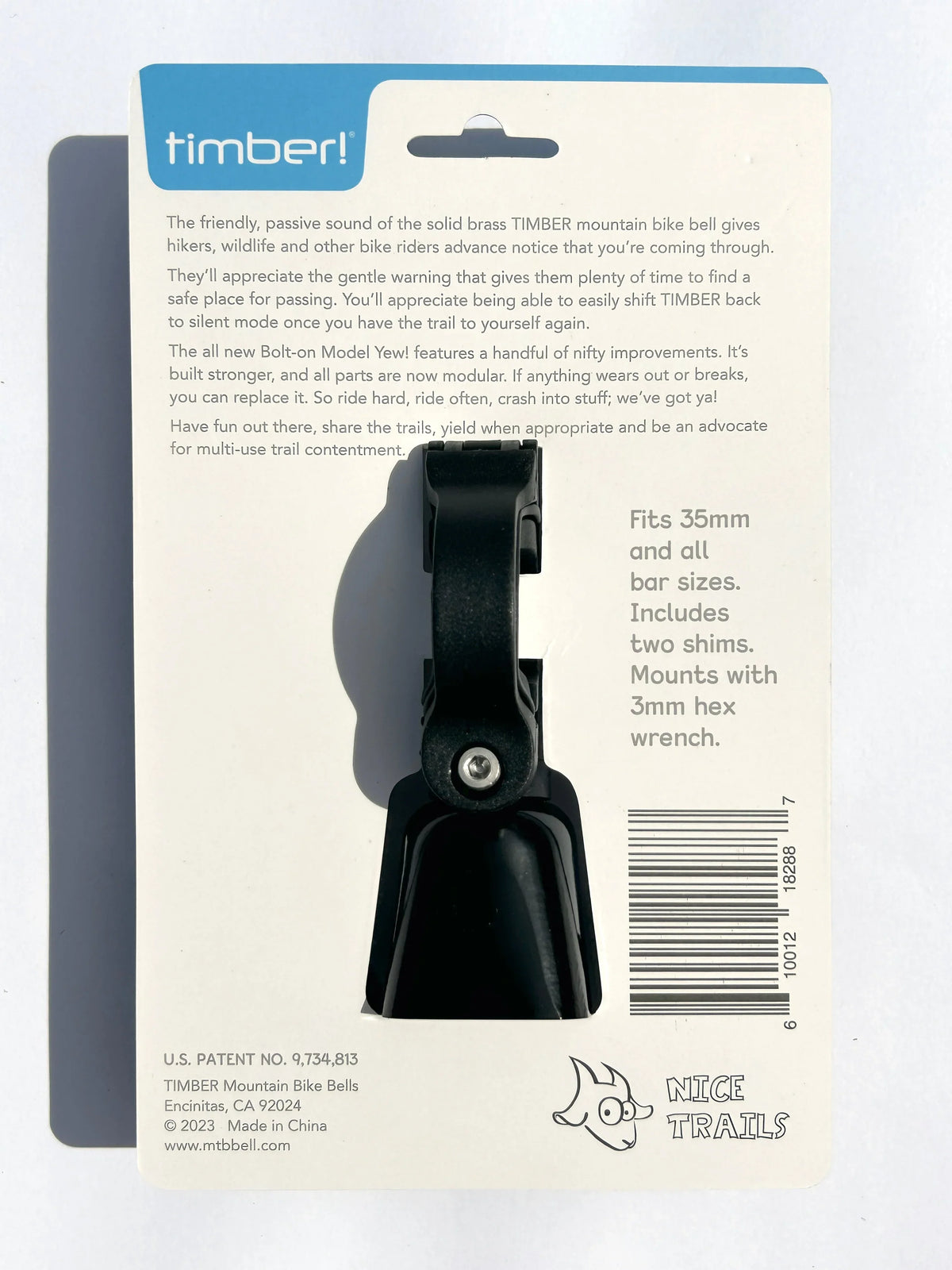 Timber Model Yew! Bolt-on Trail Bell, in retail packaging, back