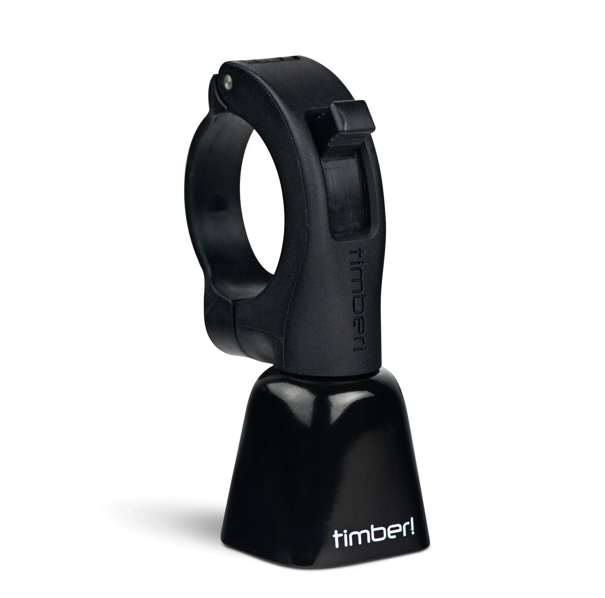 Timber Model Yew bolt-on trail bell in black on its handlebar clamp