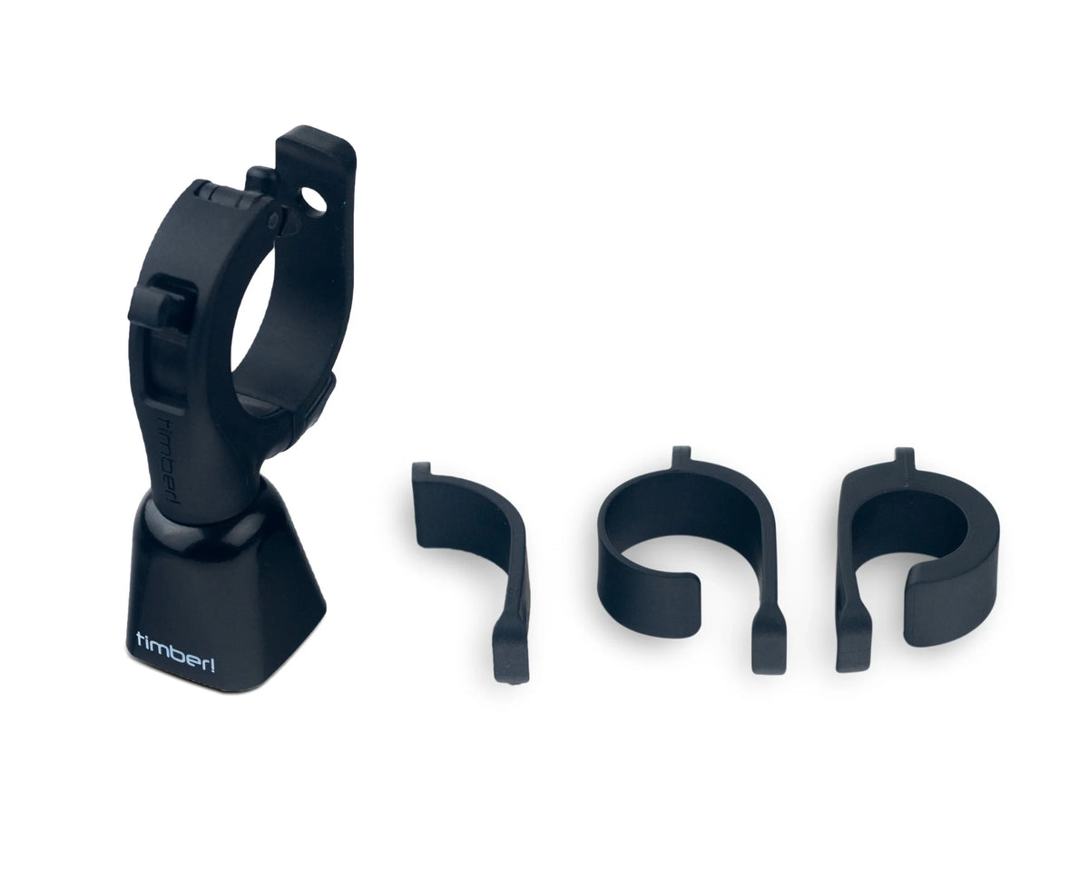 Timber Model Yew! Quick Release Trail Bell, bell with three o-ring clamp sizes