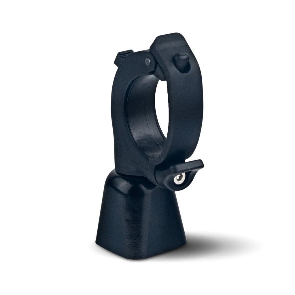 Timber Model Yew! Quick Release Trail Bell, bell, angled view of the clamp and lever