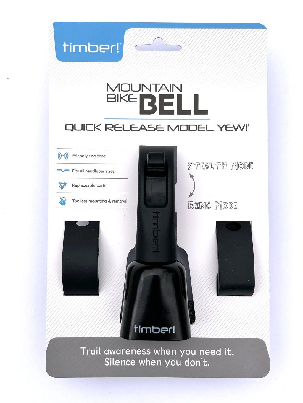Timber Model Yew! Quick Release Trail Bell, in retail packaging, front