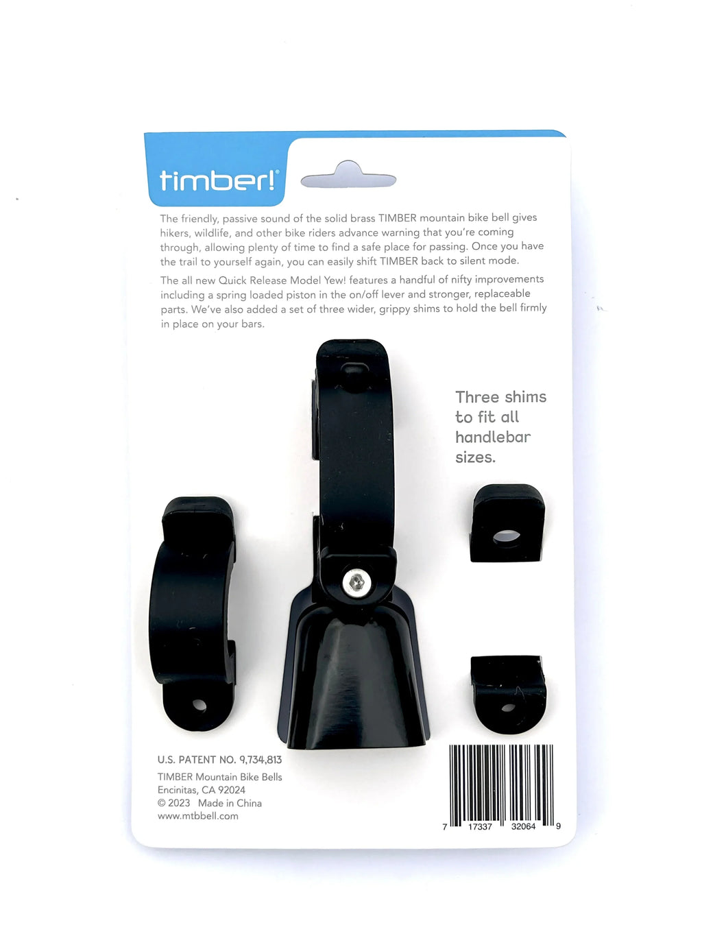 Timber Model Yew! Quick Release Trail Bell, in retail packaging, back