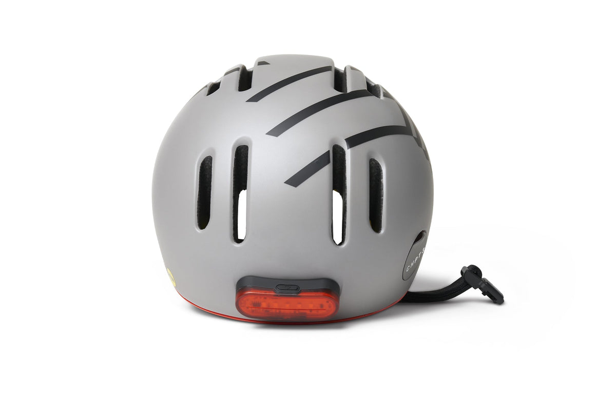 Chapter MIPS Helmet, gray with black stripe graphic, rear view with light on