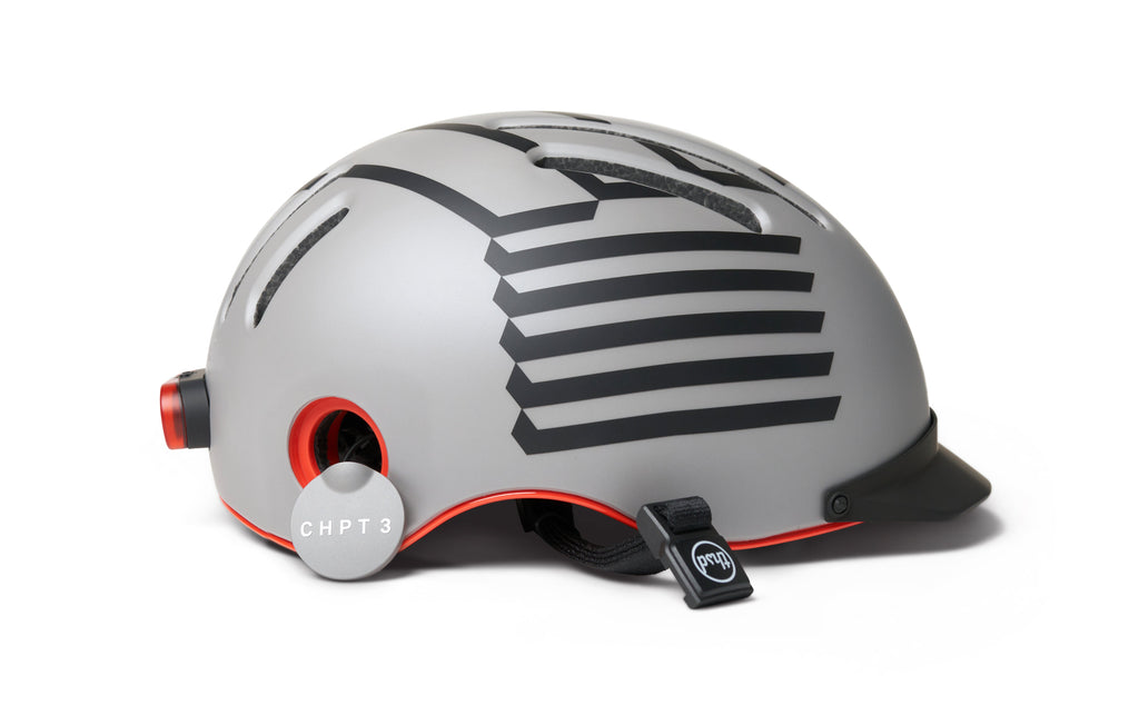 Chapter MIPS Helmet, gray with black stripe graphic, side profile with lock port open