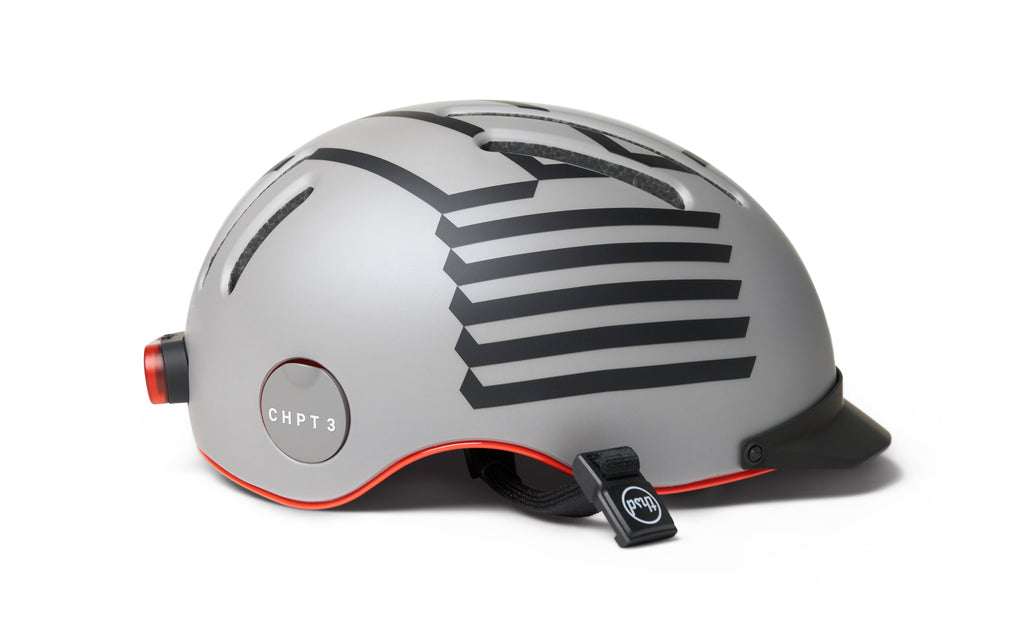 Chapter MIPS Helmet, gray with black stripe graphic, side profile with rear light