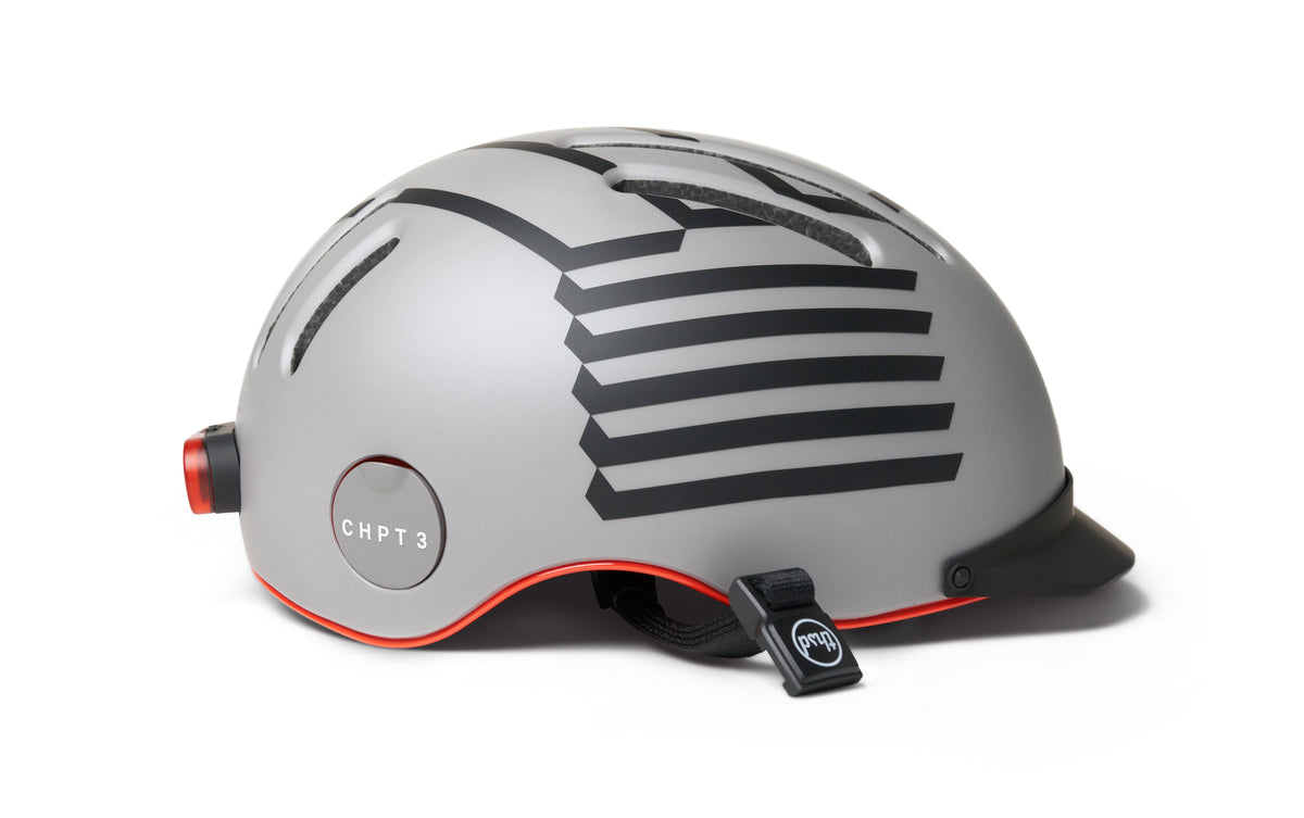 Chapter MIPS Helmet, gray with black stripe graphic, side profile with rear light